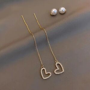 🆕NEW 14K Gold Plated Diamond & Pearl Pendant Heart Earrings